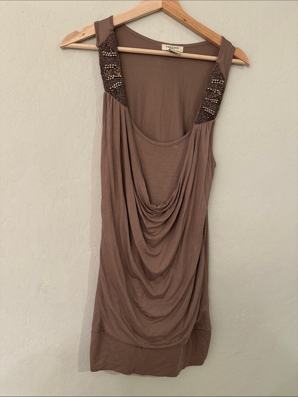 Vertigo Paris Brown Taupe Draped dress with Beaded Straps Y2K